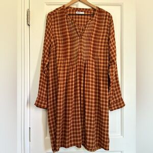 NWT Sonoma Midi Dress Tan Rust Plaid Long Sleeve Pintuck Pockets Casual Size L
